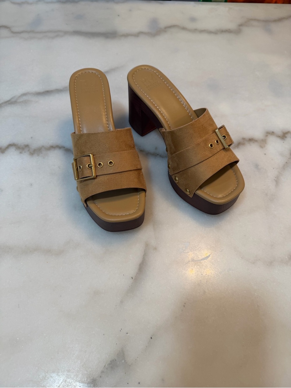 Jade Tan Suede Buckle Platform Mule